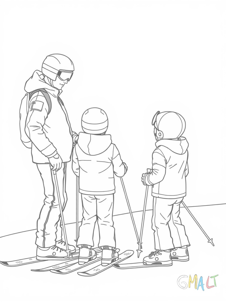 Ein Skilehrer zeigt einer Gruppe von drei kleinen Skifahrern die richtige Haltung. Er steht seitlich und demonstriert die Grundposition. Die Kinder stehen in einer Reihe und machen es nach.
