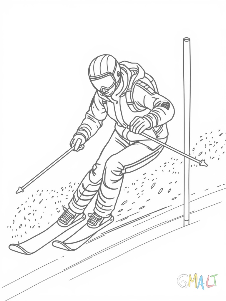 Ein Skifahrer fährt einen Slalomkurs. Er kurft eng um die aufgestellten Slalomstangen. Sein Körper ist in die Kurve geneigt und ein Ski ist etwas vor dem anderen.