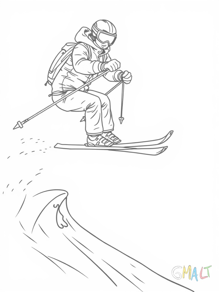 Ein Skifahrer springt über eine kleine Schanze. Seine Ski sind parallel in der Luft. Die Arme sind zur Balance seitlich ausgestreckt. Unter ihm ist die verschneite Piste zu sehen.