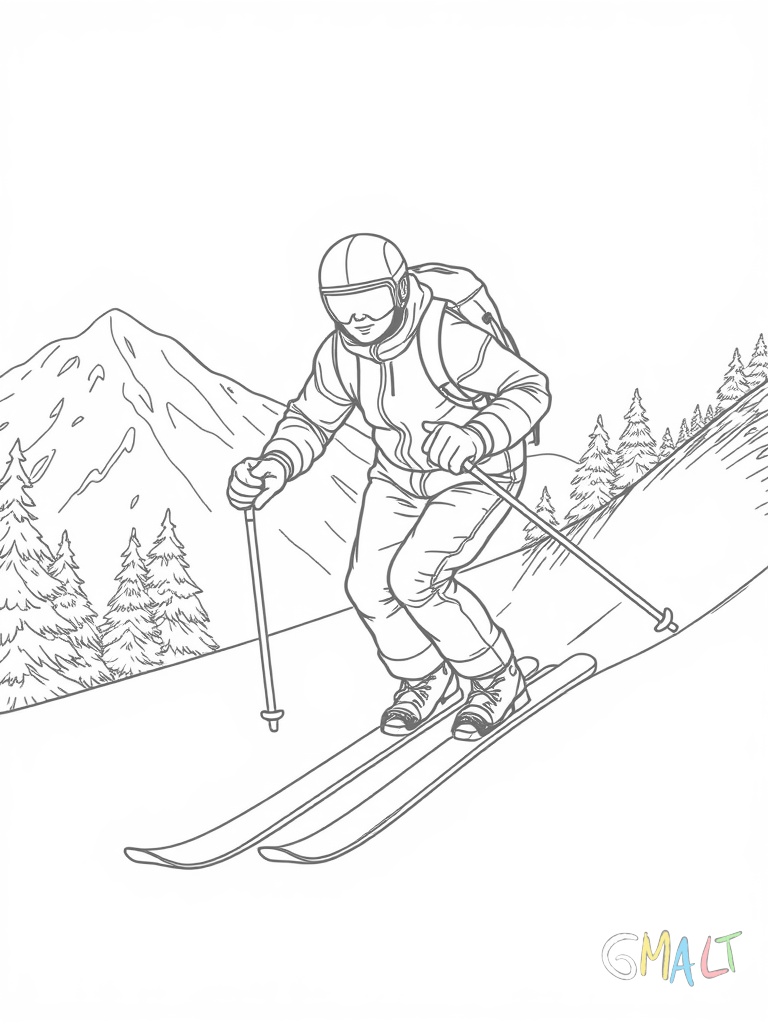 Ein Skifahrer in der Hocke fährt eine steile Piste hinunter. Seine Skier sind parallel zueinander ausgerichtet. Er trägt einen Skihelm und hält seine Skistöcke seitlich am Körper. Im Hintergrund sind schneebedeckte Berggipfel zu sehen.