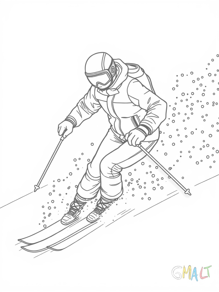 Ein Skifahrer macht eine elegante Kurve im Tiefschnee. Schneewolken wirbeln um seine Ski herum. Seine Oberkörperhaltung ist leicht nach vorne geneigt und die Arme sind angewinkelt.