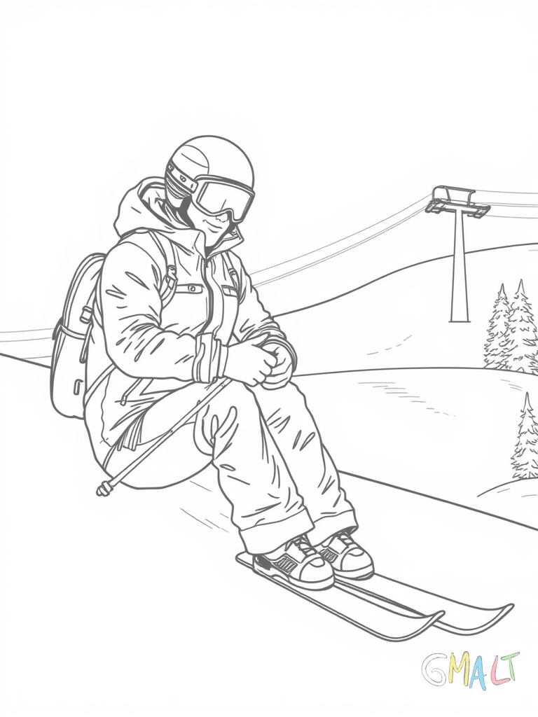Ein Skifahrer sitzt auf einer Pistenbank und schnallt seine Skischuhe in die Bindung. Neben ihm lehnen seine Skistöcke an der Bank. Im Hintergrund ist ein Sessellift zu sehen.