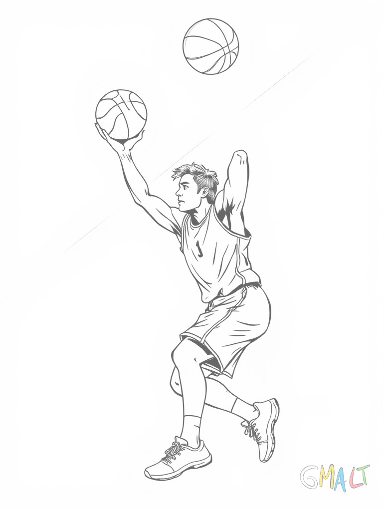 Ein Basketballspieler wirft einen Korb. Der Ball ist über seinem Kopf und er springt nach oben. Seine Beine sind angewinkelt.