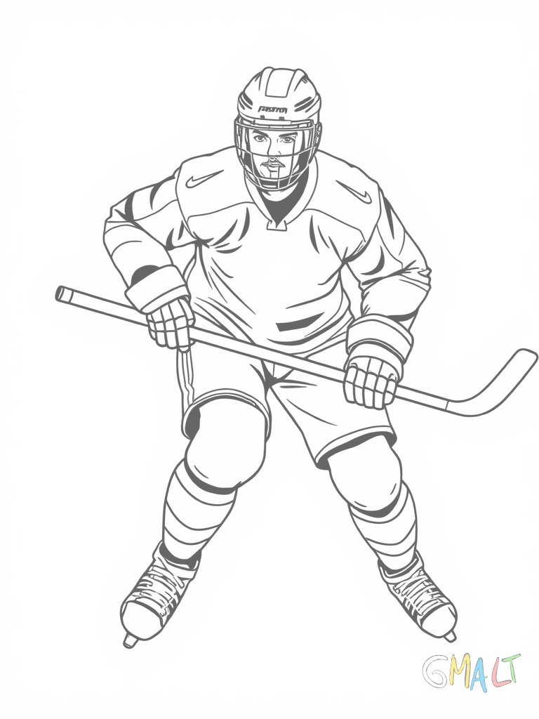 Ein Eishockeyspieler mit Schläger. Er führt den Puck am Schläger und trägt volle Schutzausrüstung mit Helm.