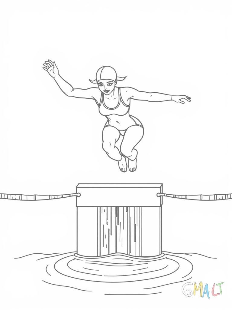 Eine Schwimmerin springt vom Startblock ins Wasser. Ihr Körper ist nach vorne gebeugt und die Arme in Pfeilform gestreckt.