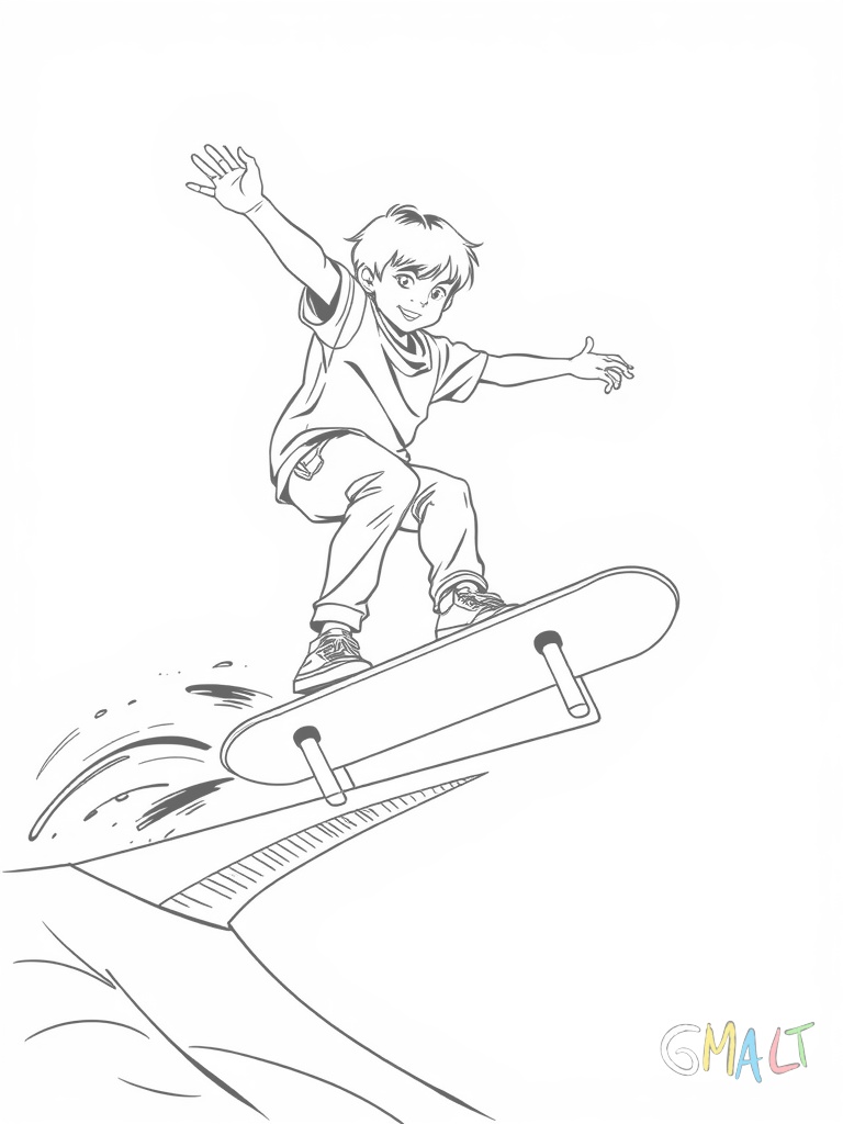 Ein Junge beim Skateboarden auf einer Rampe. Er steht seitlich auf dem Board und führt einen Sprung aus. Seine Arme sind für die Balance ausgestreckt.