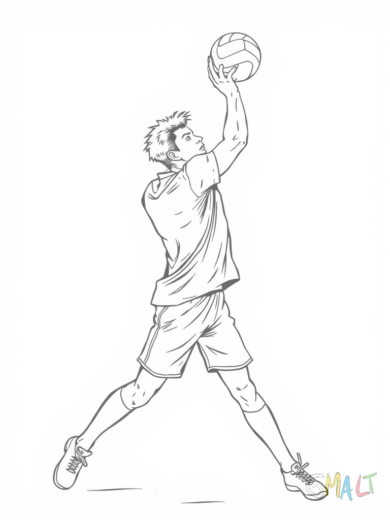 Ein Volleyballspieler beim Aufschlag. Der Ball ist über seinem Kopf und die Arme zum Schlag bereit. Er steht hinter der Grundlinie.