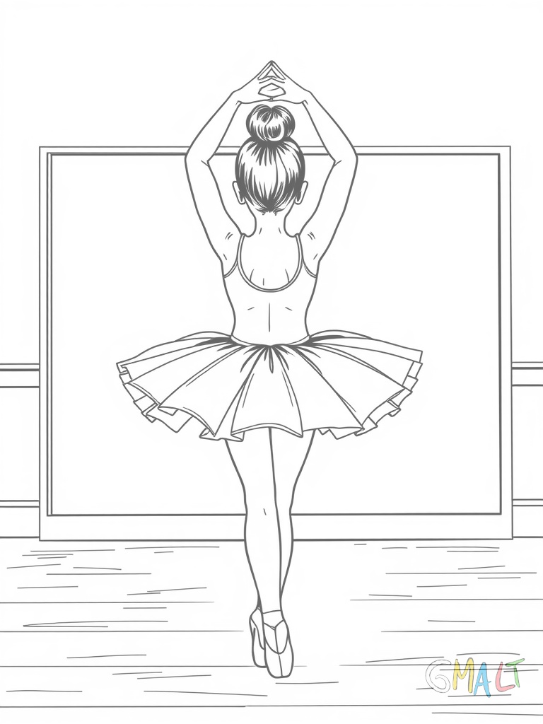 Ein Ballett-Mädchen im Tutu steht in der ersten Position auf einem Holzboden. Die Arme sind über dem Kopf zur Krone geformt. Im Hintergrund ist ein großer Wandspiegel zu sehen.