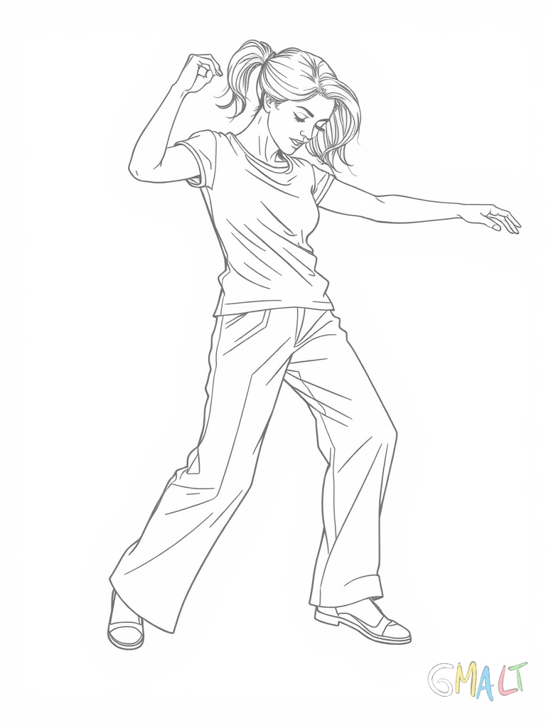 Eine Breakdancerin macht einen Freeze-Move auf dem Boden. Ein Bein ist ausgestreckt während sie sich mit den Händen abstützt. Sie trägt weite Hosen und ein T-Shirt.