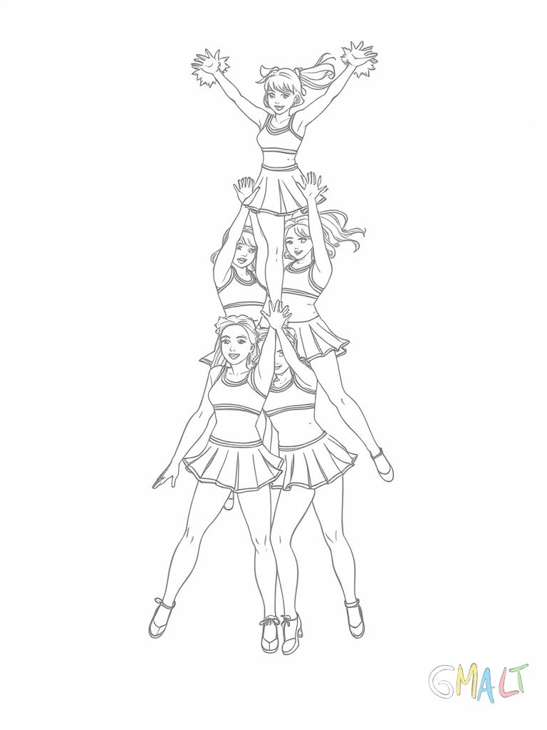 Eine Gruppe von vier Cheerleadern bildet eine Pyramide. Zwei stehen unten eine steht auf deren Schultern und die vierte wird gerade nach oben gehoben.