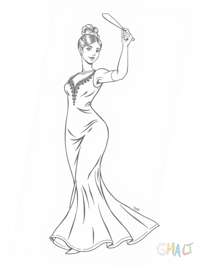 Eine Flamencotänzerin in einem weiten gepunkteten Kleid. Sie hält einen Fächer in der erhobenen Hand während ihr anderer Arm in die Hüfte gestützt ist. Ihr Haar ist zu einem Dutt frisiert.