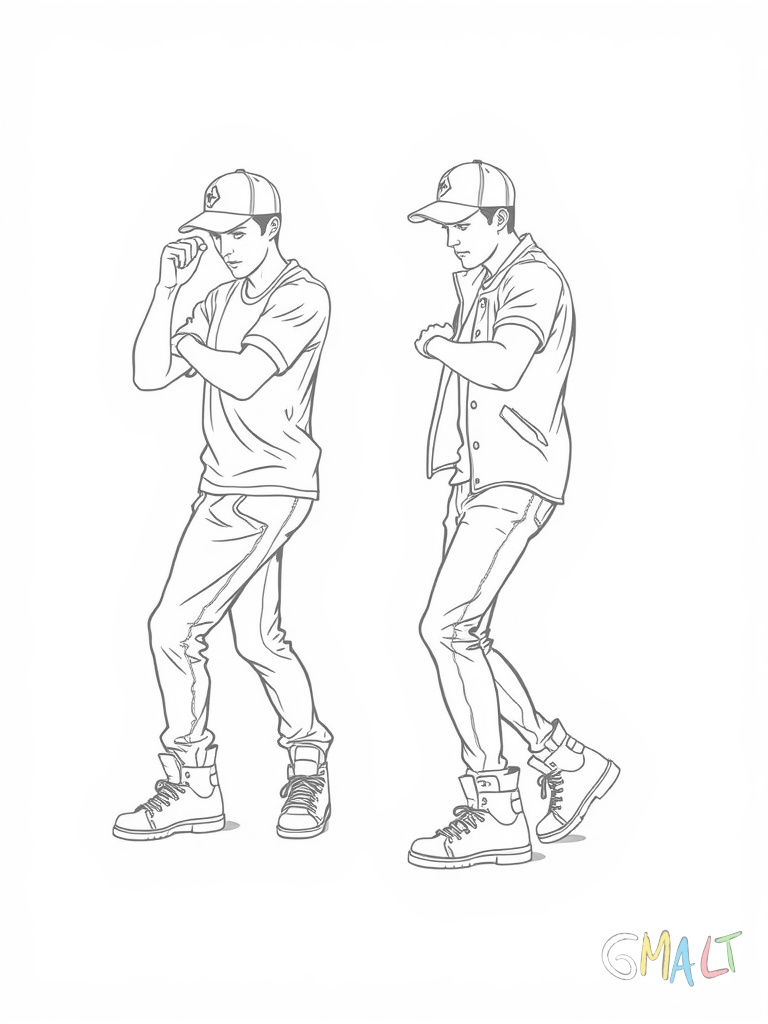 Zwei Hip-Hop Tänzer stehen sich gegenüber. Beide tragen Baseballcaps und Sneakers. Der linke Tänzer zeigt einen Roboter-Move der rechte macht den Moonwalk.