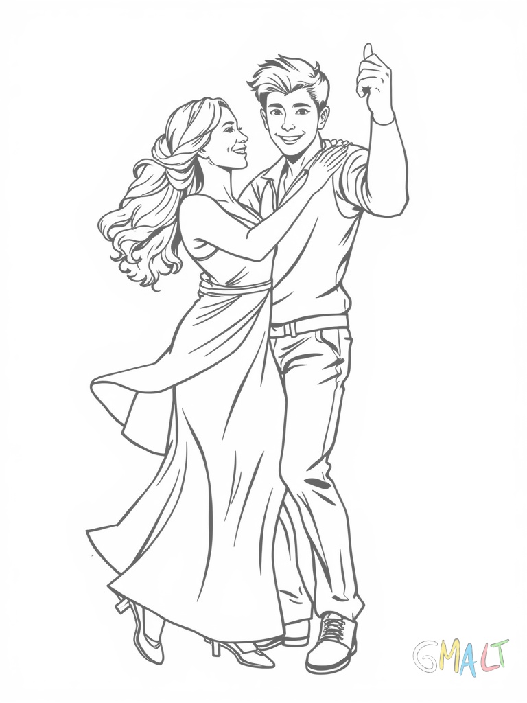 Ein junges Tanzpaar beim Salsa. Der Junge dreht das Mädchen unter seinem erhobenen Arm. Beide tragen farbenfrohe Outfits und strahlen vor Freude.