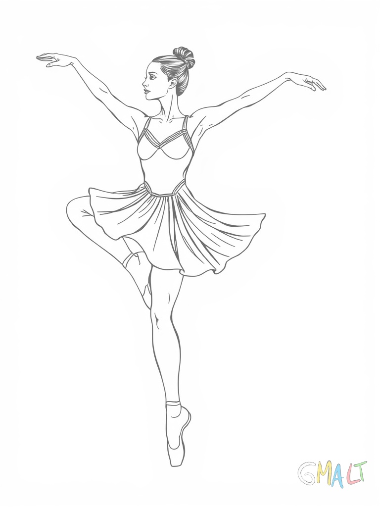 Eine Balletttänzerin macht eine Spitzenpose auf einem Bein. Das andere Bein ist nach hinten gestreckt die Arme sind seitlich ausgebreitet wie Flügel.