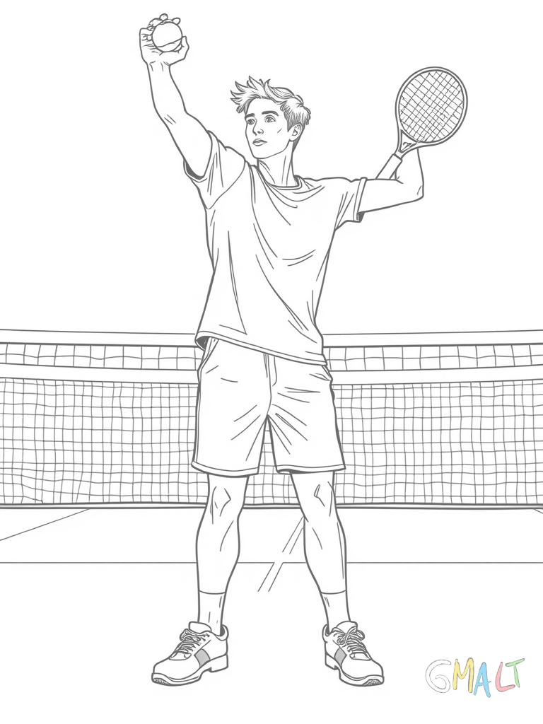 Ein Tennisspieler steht in Serveposition auf dem Platz. Der rechte Arm ist nach oben gestreckt und hält den Tennisball. Der linke Arm hält den Schläger. Die Beine sind leicht gebeugt. Im Hintergrund ist das Tennisnetz zu sehen.