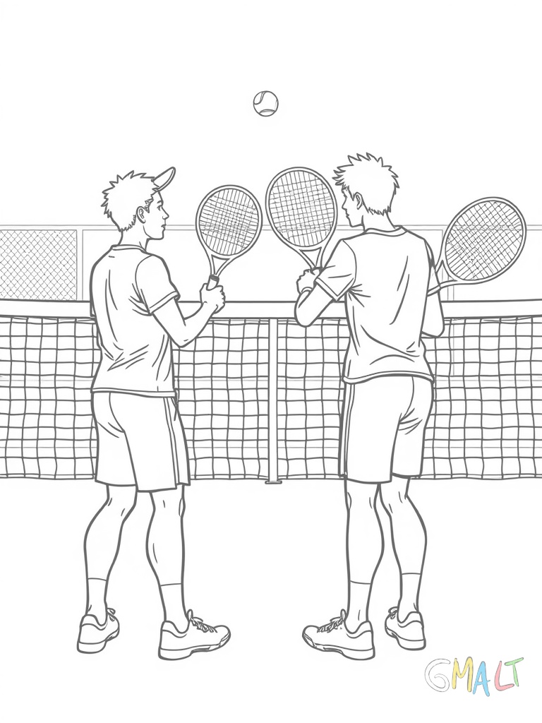 Zwei Tennisspieler stehen sich an einem Tennisnetz gegenüber. Beide halten ihre Schläger spielbereit. Der Tennisball fliegt über das Netz. Die Spieler tragen kurze Hosen und T-Shirts.