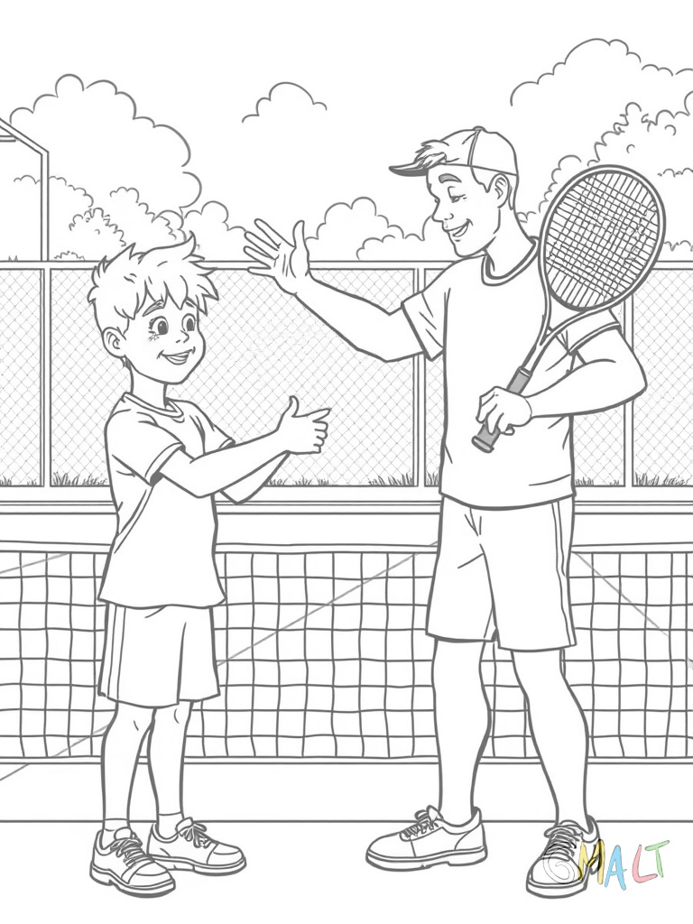 Ein lächelndes Kind übt Vorhand-Schläge mit einem Tennislehrer. Der Lehrer zeigt mit ausgestrecktem Arm die richtige Bewegung. Beide stehen auf einer Seite des Tennisplatzes.