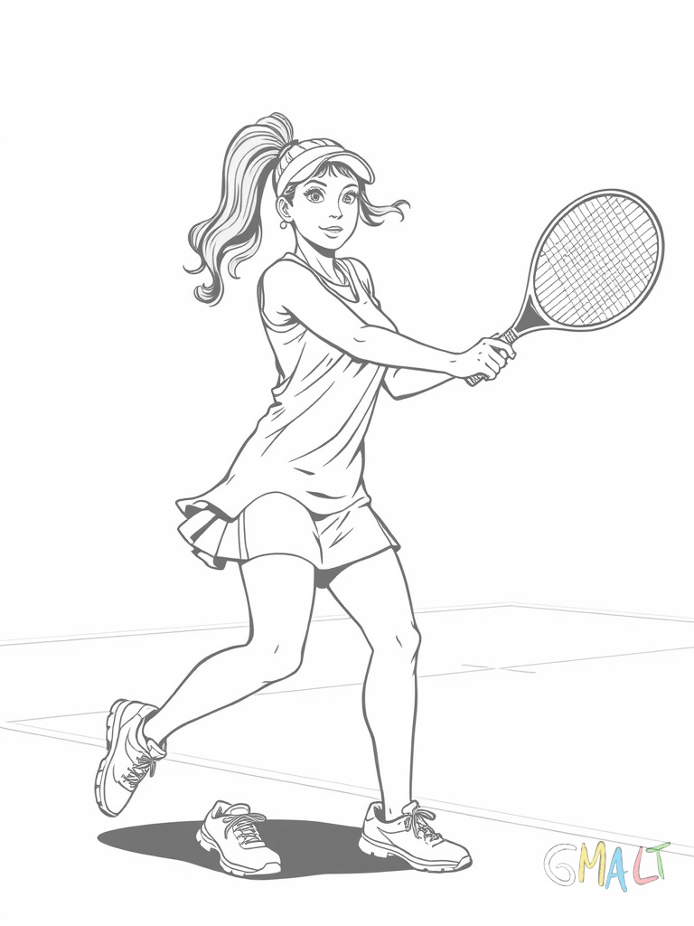 Eine Tennisspielerin macht einen Sprung beim Volleyschlag am Netz. Ihr Tennisschläger ist nach vorne gestreckt. Sie trägt ein Tenniskleid und Sportschuhe. Das Netz ist deutlich zu sehen.