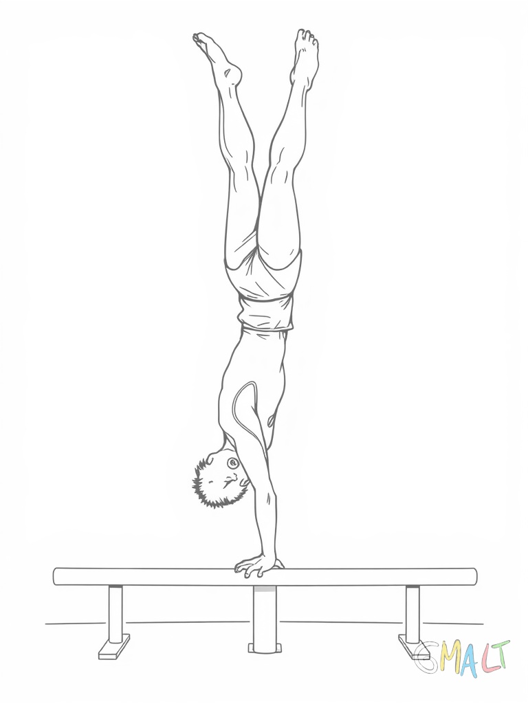 Ein junger Turner macht einen Handstand am Barren. Seine Beine zeigen kerzengerade nach oben und seine Arme sind durchgestreckt. Der Barren steht auf einer Turnmatte.
