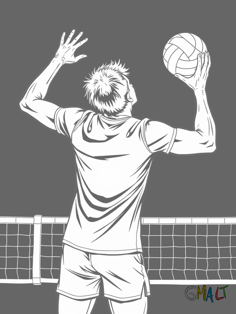 Ein Volleyballspieler führt einen Aufschlag aus. Er steht am hinteren Feldrand mit dem Ball in einer Hand über dem Kopf. Sein anderer Arm ist zum Schlag bereit. Das Netz ist in einiger Entfernung zu sehen.