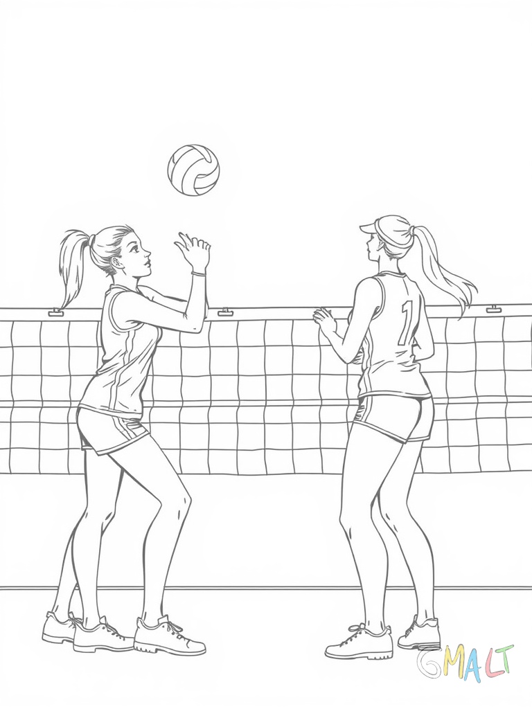 Zwei Spielerinnen stehen sich an beiden Seiten des Volleyballnetzes gegenüber. Die linke Spielerin baggert den Ball während die rechte Spielerin sich zum Fangen bereit macht. Das Netz ist in der Bildmitte gespannt.