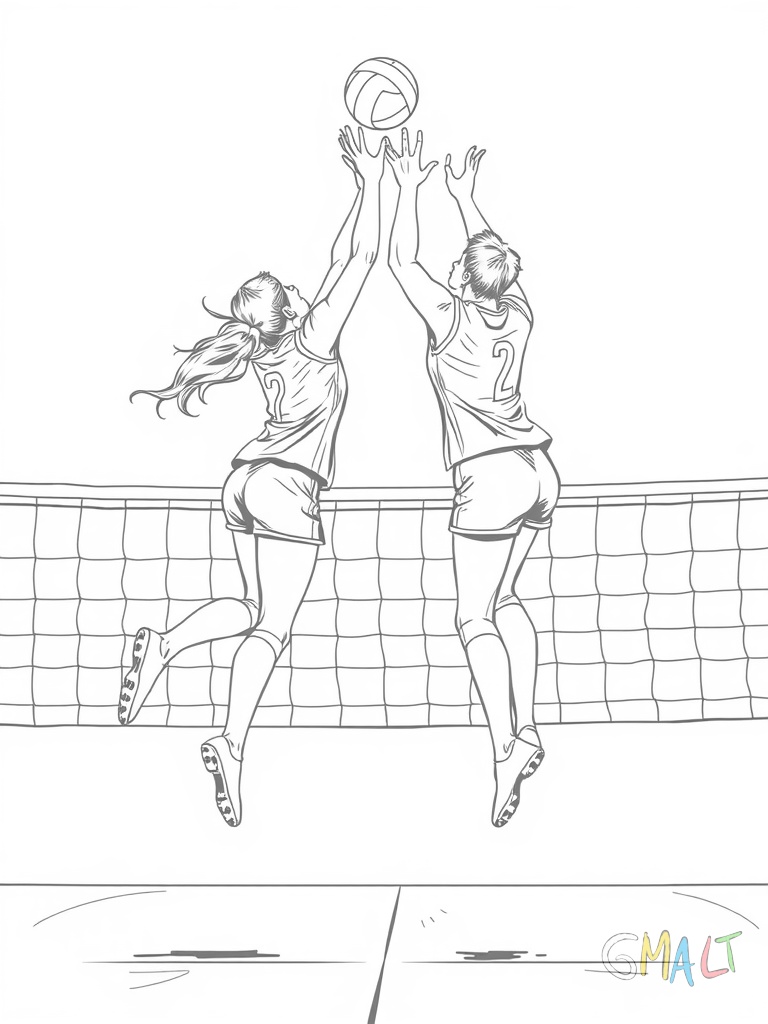 Zwei Volleyballspieler springen gleichzeitig am Netz hoch. Der eine versucht den Ball zu blocken während der andere zum Schmettern ausholt. Das Netz trennt die beiden Spieler in der Bildmitte.