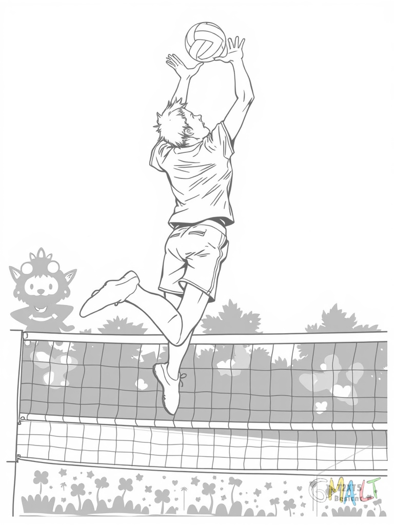 Ein Volleyballspieler springt hoch in die Luft um den Ball zu schmettern. Seine Arme sind über dem Kopf gestreckt und sein Körper ist leicht nach hinten gebogen. Vor ihm ist das Volleyballnetz zu sehen.