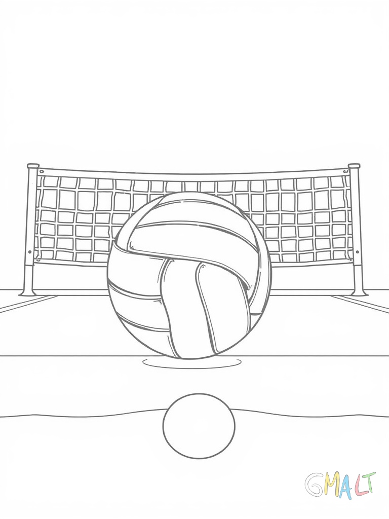 Ein Volleyball liegt auf einem Spielfeld. Die Feldlinien sind deutlich zu sehen und das Netz steht aufgespannt im Hintergrund. Der Ball befindet sich auf der Grundlinie des Feldes.