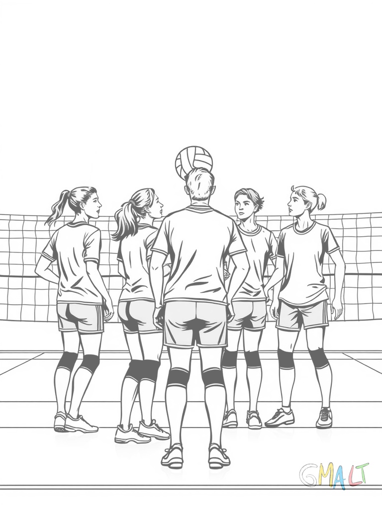 Eine Volleyballmannschaft aus sechs Spielern steht in Spielformation auf dem Feld. Das Netz ist im Hintergrund zu sehen. Die Spieler haben unterschiedliche Positionen eingenommen und sind bereit zum Spielen.