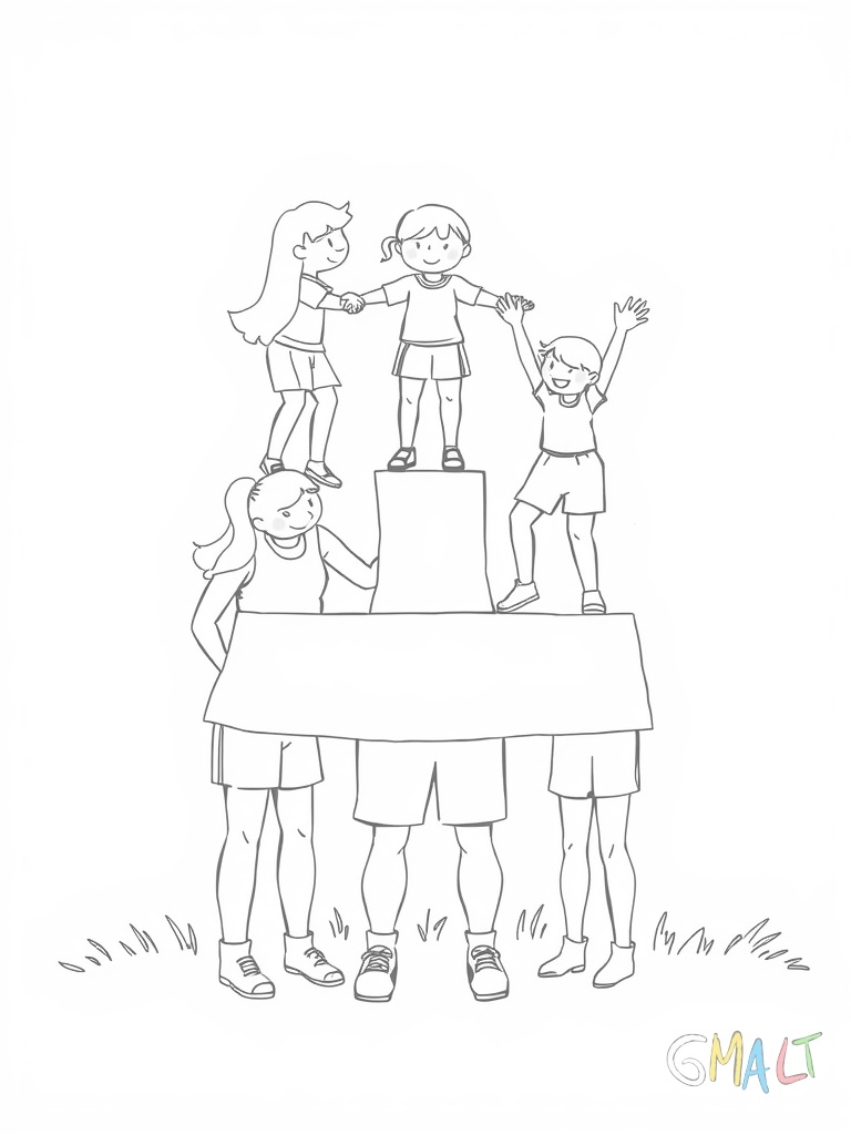 Eine Voltigiergruppe steht als Pyramide auf dem stilisierten Voltigierbock. Drei Kinder bilden die Basis zwei stehen auf deren Schultern und zuoberst macht ein Kind den Spagat.