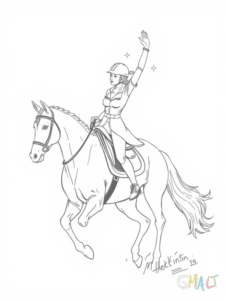 Eine Voltigiererin macht einen Spagat quer über dem Pferderücken. Ihre Arme sind elegant nach oben gestreckt. Das Pferd galoppiert während die Longenführerin in der Mitte des Zirkels steht.