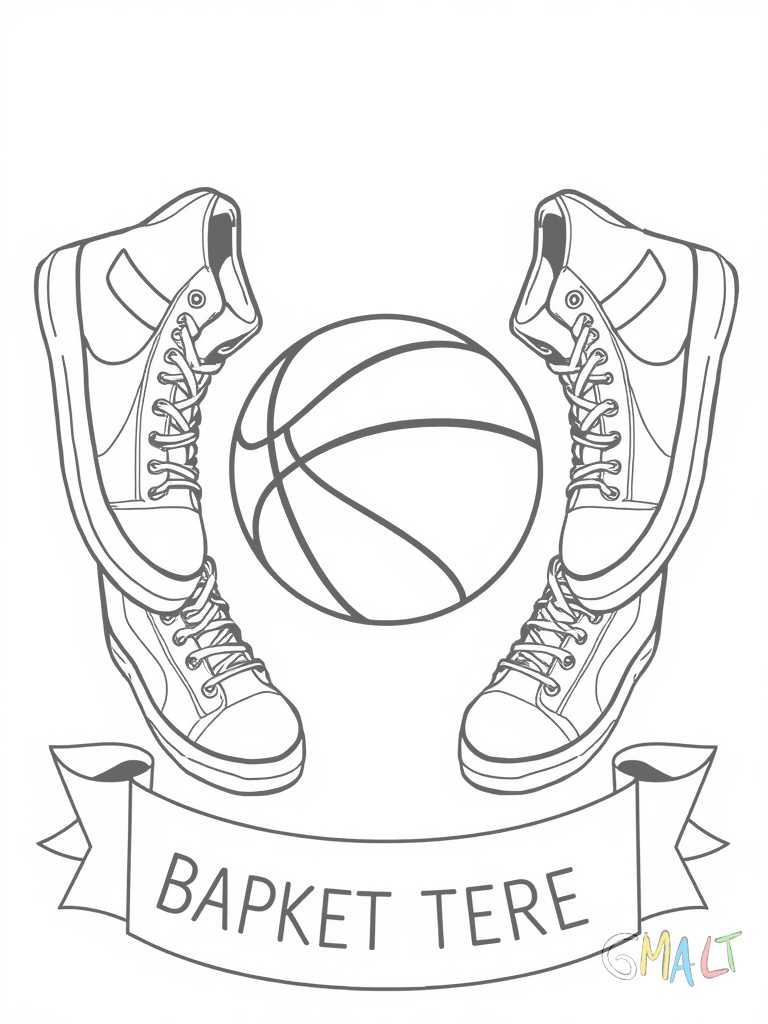 Ein springender Basketball im Zentrum des Wappens umgeben von zwei gekreuzten Basketballschuhen darunter ein Banner mit Platz für Text
