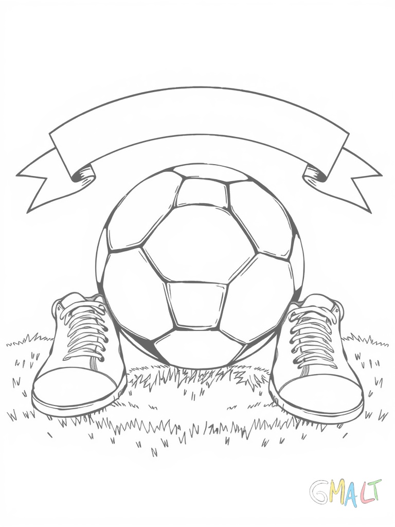 Ein aufrecht stehender Fußball im Zentrum flankiert von zwei Fußballschuhen auf einem Rasensockel ein Banner schwebt darüber