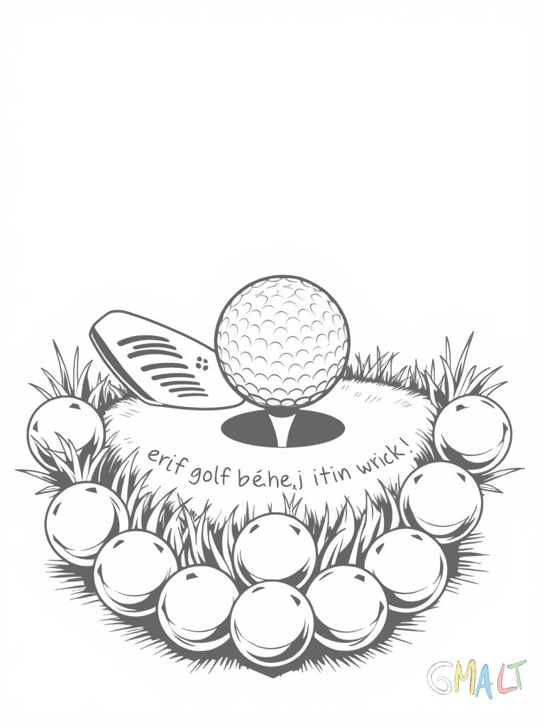 Ein Golfschläger und ein Golfball auf einem Tee im Zentrum umgeben von einem Kranz aus Golfbällen als Rahmen