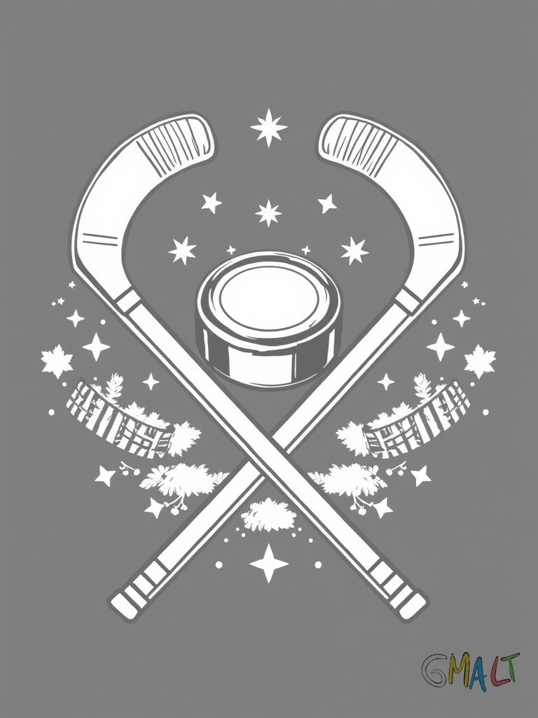 Zwei gekreuzte Hockeysticks bilden ein X in der Mitte schwebt ein Puck darüber eine Eiskrone aus Schneeflocken