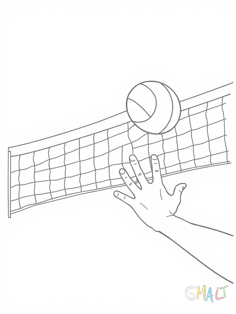 Ein Volleyballnetz teilt das Wappen diagonal ein Volleyball schwebt in der oberen Hälfte Spielerhände in der unteren