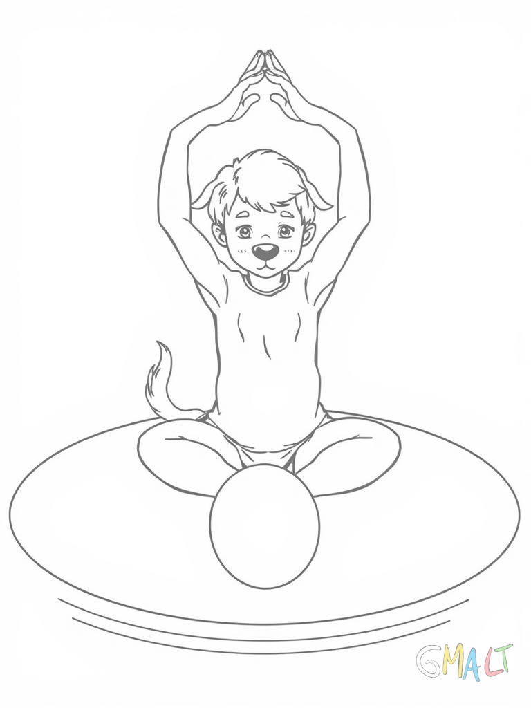 Ein Kind macht den herabschauenden Hund auf einer runden Yogamatte. Die Hände sind vorne aufgestützt die Beine hinten gestreckt sodass der Körper ein Dreieck bildet. Ein kleiner Gymnastikball liegt daneben.