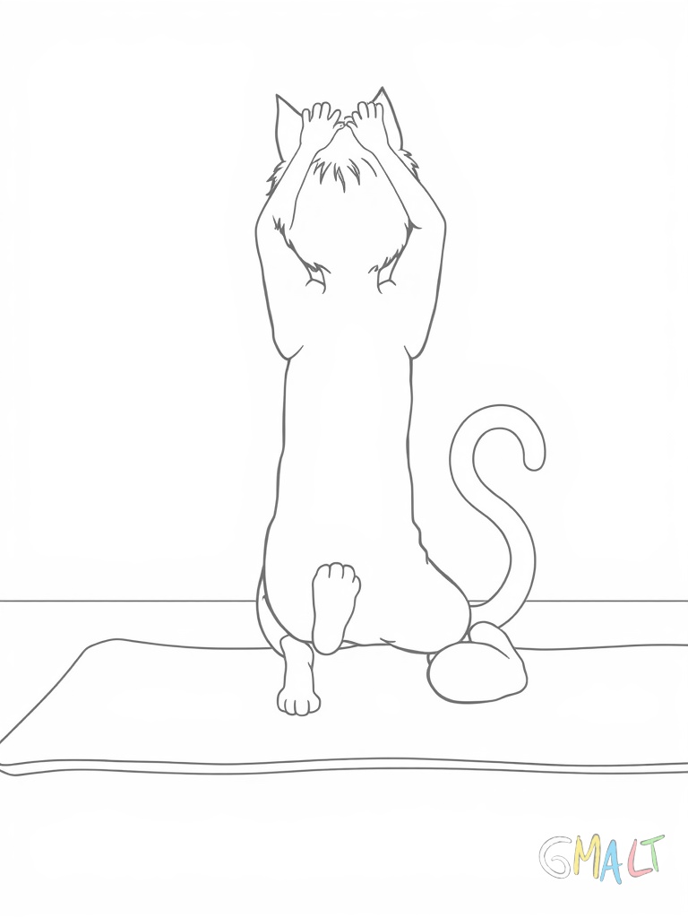 Ein Kind macht die Katzen-Kuh-Position auf einer Yogamatte. Es ist auf Händen und Knien und macht einen runden Rücken wie eine Katze. Die Matte liegt auf dem Boden und hat abgerundete Ecken.