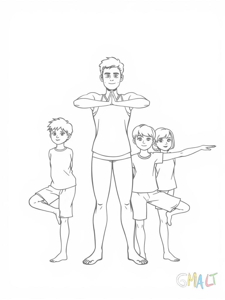 Ein Yogalehrer zeigt drei Kindern die Krieger-Position. Der Lehrer steht vorne die Kinder in einer Reihe dahinter. Alle haben ein Bein nach vorne gebeugt und die Arme zur Seite ausgestreckt.