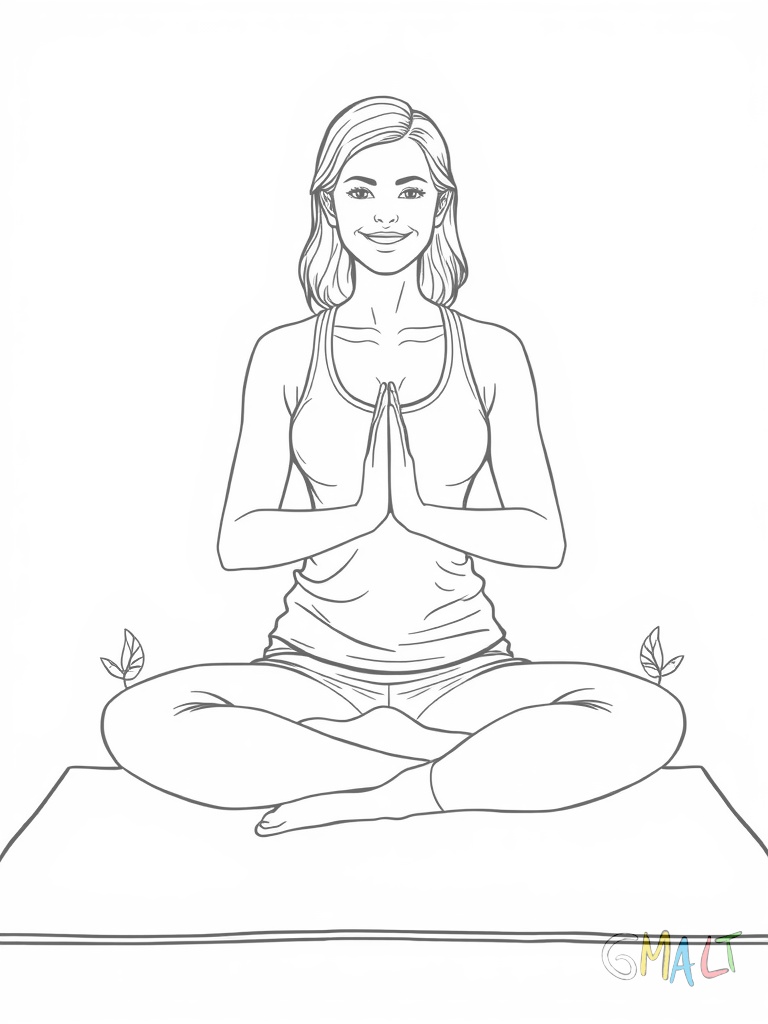 Eine lächelnde Frau sitzt im Lotussitz auf einer Yogamatte. Ihre Beine sind überkreuzt ihre Hände ruhen auf den Knien. Sie trägt bequeme Yogakleidung. Die Matte ist rechteckig und nimmt die untere Bildhälfte ein.