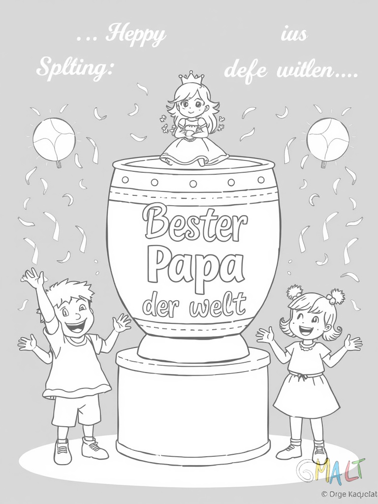 Ein großer Pokal mit der Gravur 'Bester Papa der Welt' steht auf einem Podest. Auf dem Pokal sitzt eine kleine Krone. Links und rechts vom Pokal stehen Kinder die jubeln und Konfetti werfen.