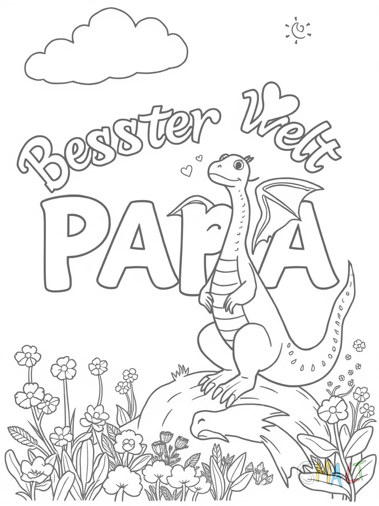 Die Buchstaben 'Bester Papa der Welt' bilden einen Regenbogen über einer Szene wo ein Vater mit seinem Kind Drachen steigen lässt. Der Drachen hat eine Herzform und fliegt hoch am oberen Bildrand.