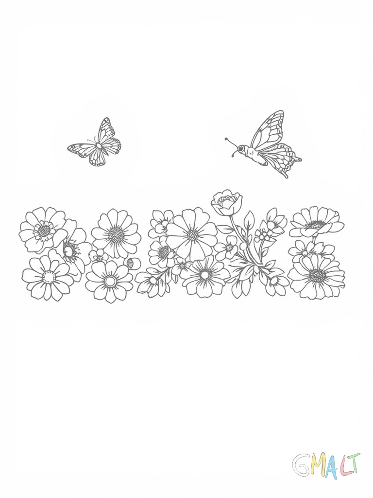 Das Wort DANKE ist aus Blumen geformt. Jeder Buchstabe besteht aus unterschiedlichen Blüten wie Gänseblümchen Rosen und Tulpen. Zwei Schmetterlinge fliegen über den Schriftzug.