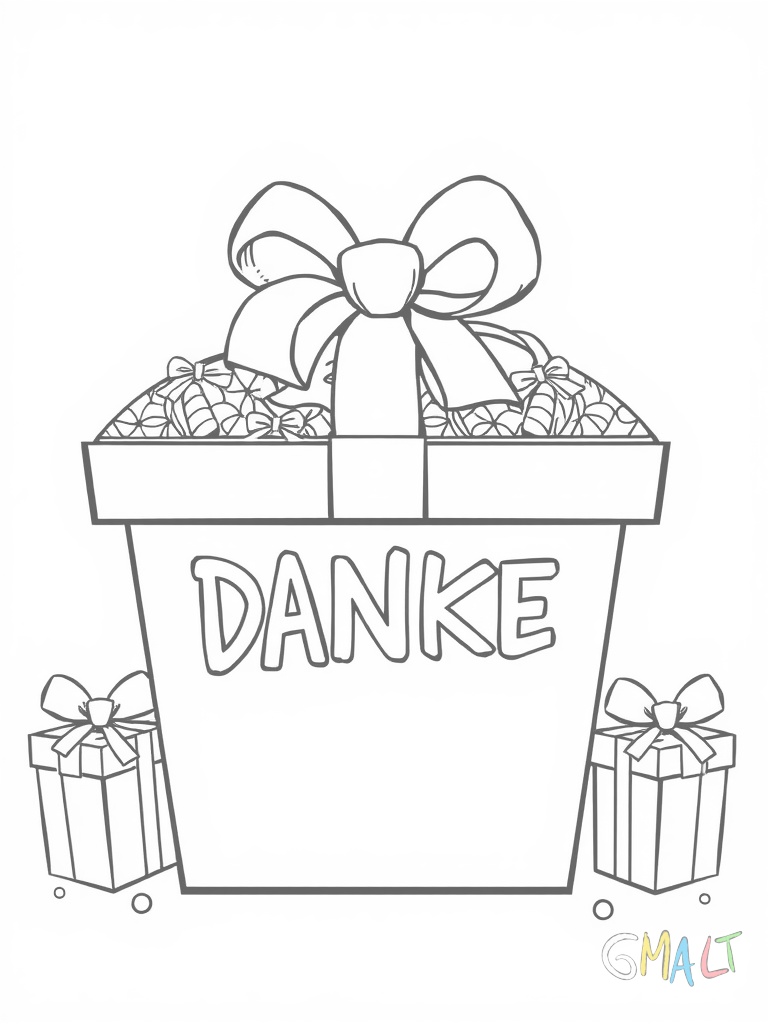 Eine große Geschenkbox mit Schleife steht in der Bildmitte. Auf der Vorderseite steht DANKE in verschnörkelter Schrift. Links und rechts der Box stehen kleine Geschenkpakete.
