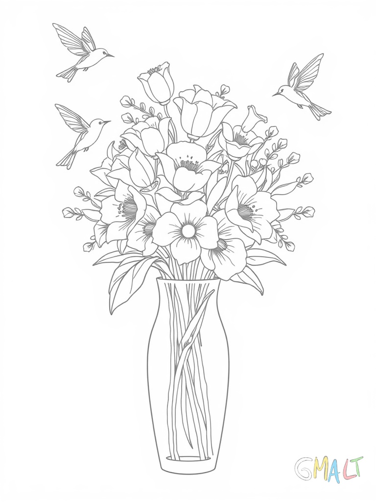 Ein Blumenstrauß in einer Vase steht zentral im Bild. Um die Vase herum fliegen drei Schmetterlinge in verschiedenen Größen. Die Blumen sind einfache Gänseblümchen und Tulpen.