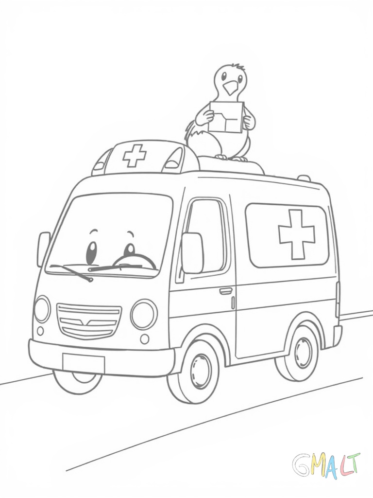 Ein Krankenwagen mit fröhlichem Gesicht fährt von links nach rechts. Auf seinem Dach sitzt eine Taube mit einem Brief im Schnabel.