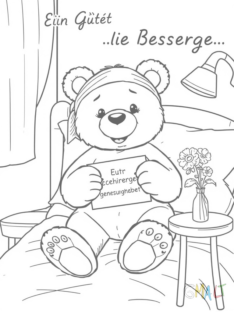 Ein lächelnder Teddybär sitzt aufrecht im Krankenhausbett. Er trägt einen Kopfverband und hält eine Genesungskarte in seinen Pfoten. Neben dem Bett steht ein kleiner Nachttisch mit einer Blumenvase.