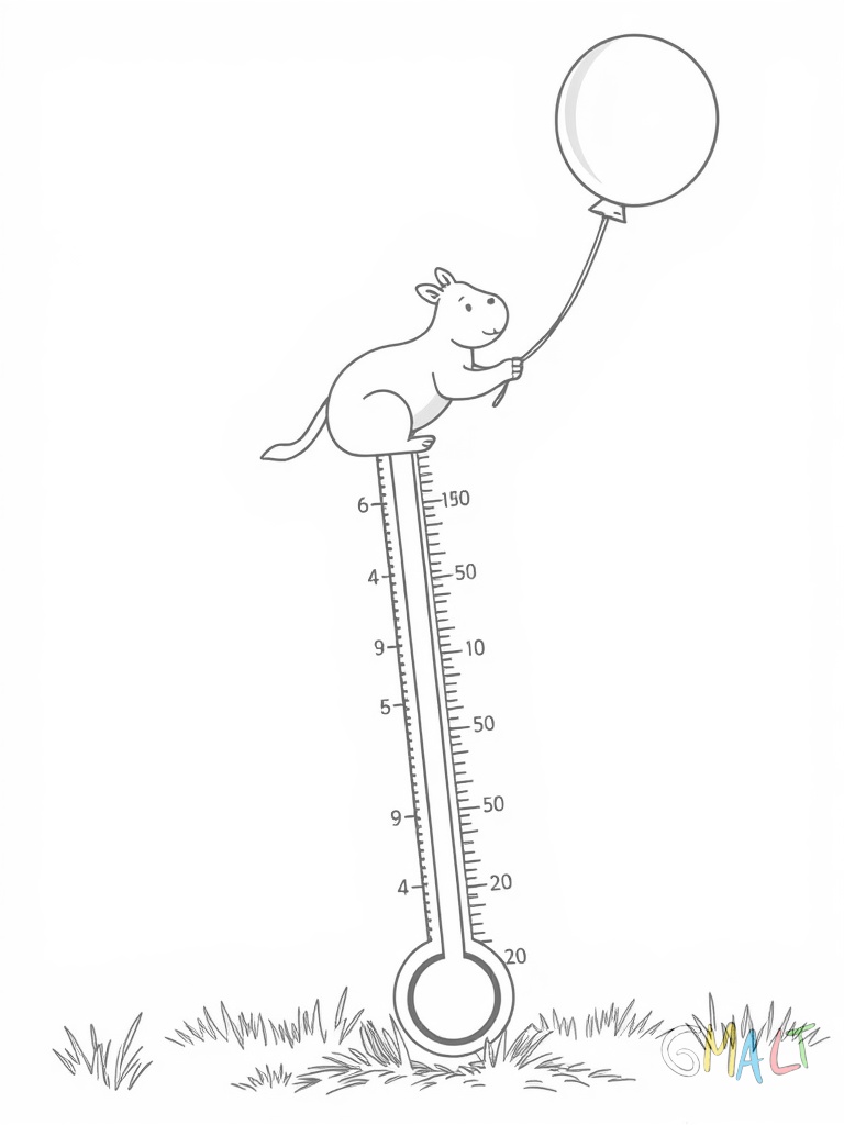 Ein Thermometer lehnt diagonal von links unten nach rechts oben. Darauf balanciert eine kleine Maus die einen Luftballon hält.