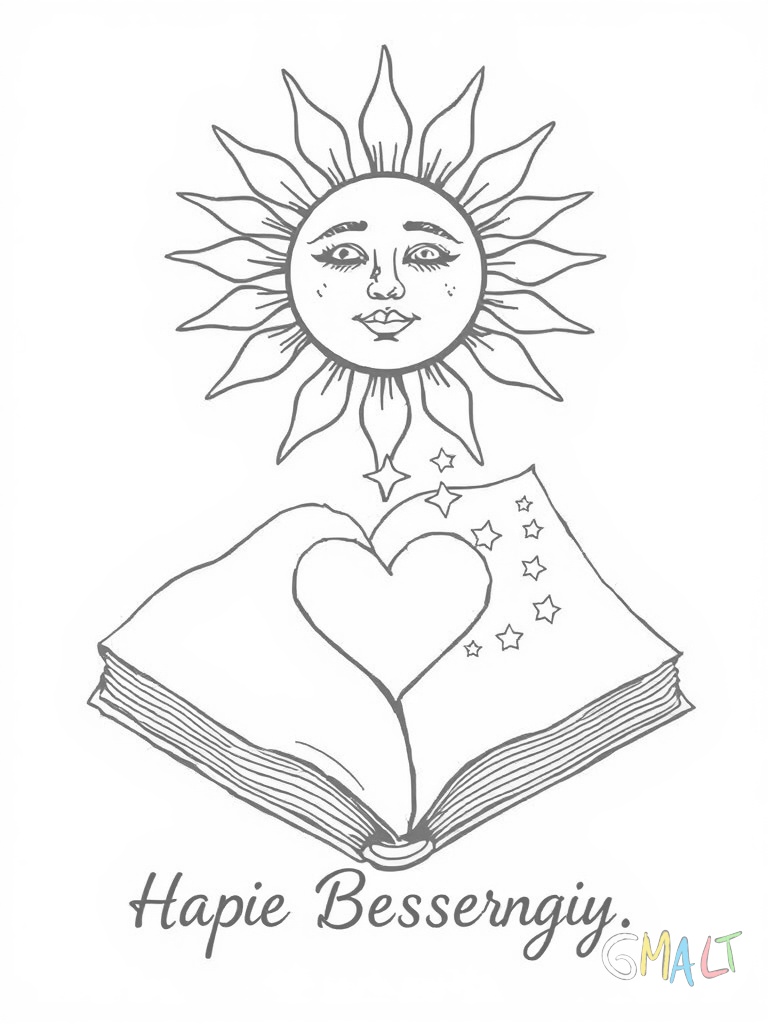 Eine Sonne mit Gesicht strahlt in der oberen Bildmitte. Darunter schwebt ein aufgeschlagenes Buch aus dem Herzen und Sterne aufsteigen.
