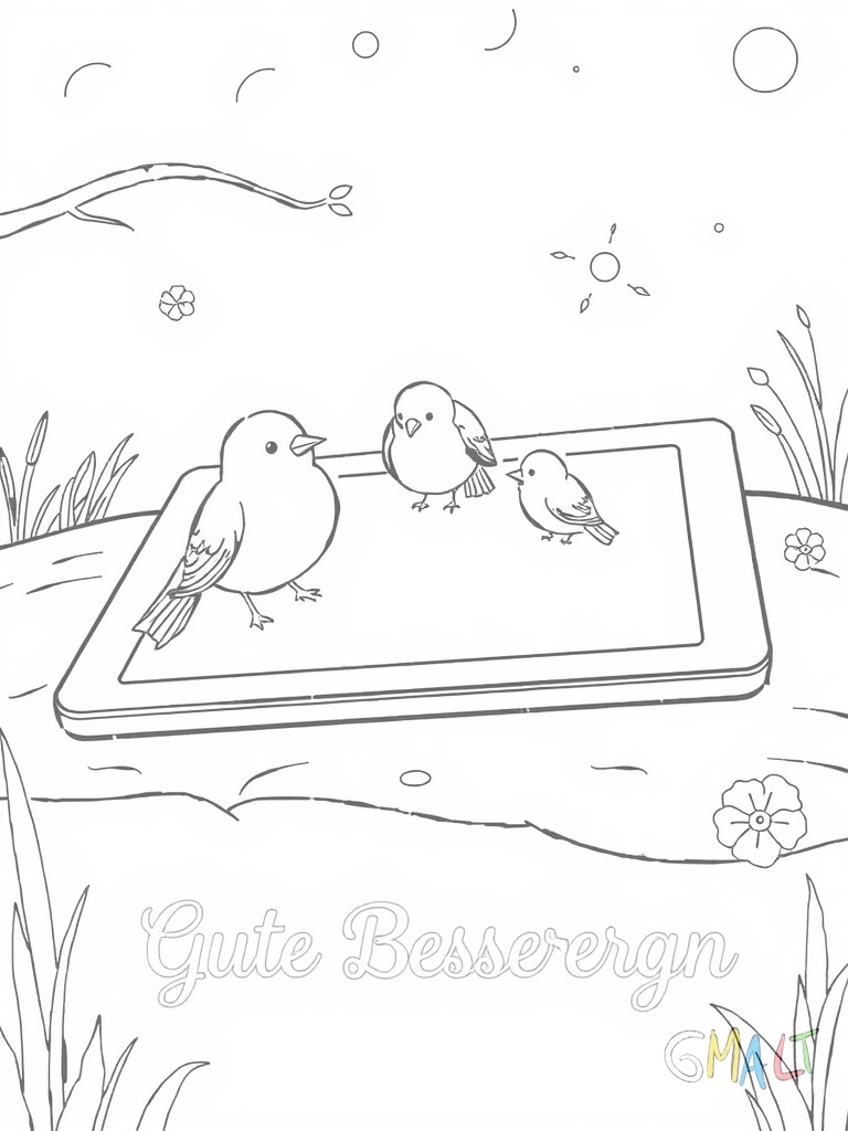 Eine große Tablette liegt waagerecht in der Bildmitte. Darauf haben sich drei kleine Vögel wie auf einer Bank niedergelassen und zwitschern.